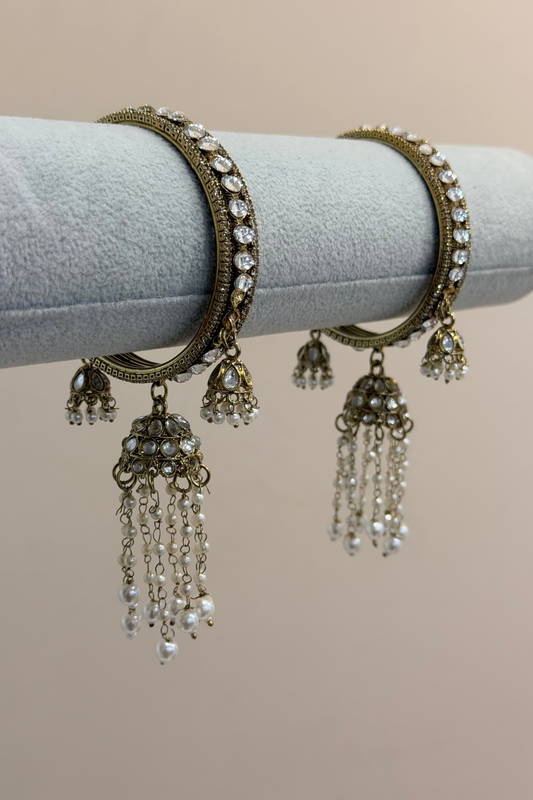 Antik-Gold triple Jhumka and hanging pearls Bangles