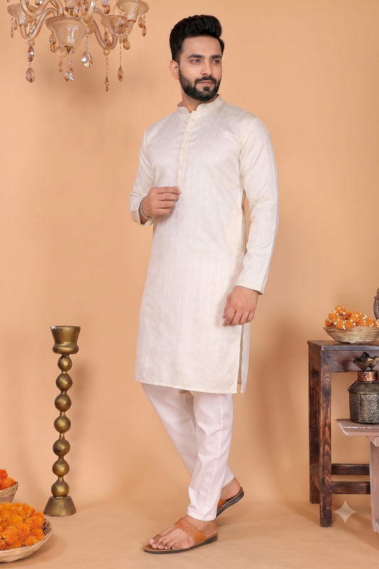 Jacquard Silk Kurta Pajama- Creme