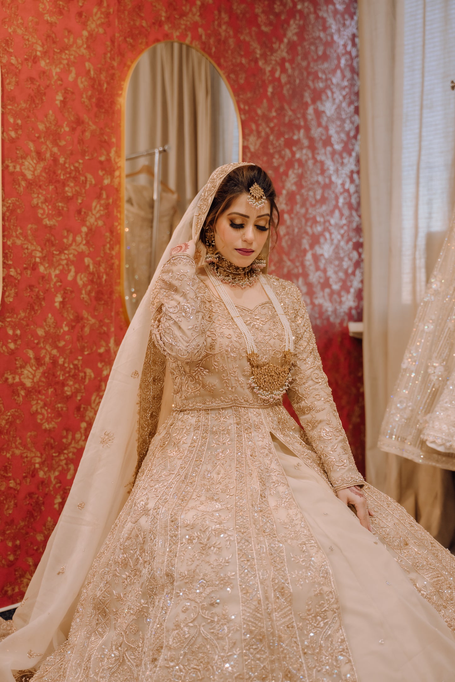 Beige / Gold Bridal Gown with Lehenga
