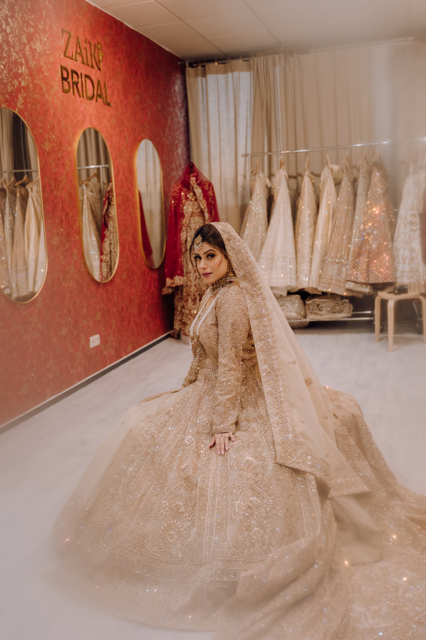 Beige / Gold Bridal Gown with Lehenga