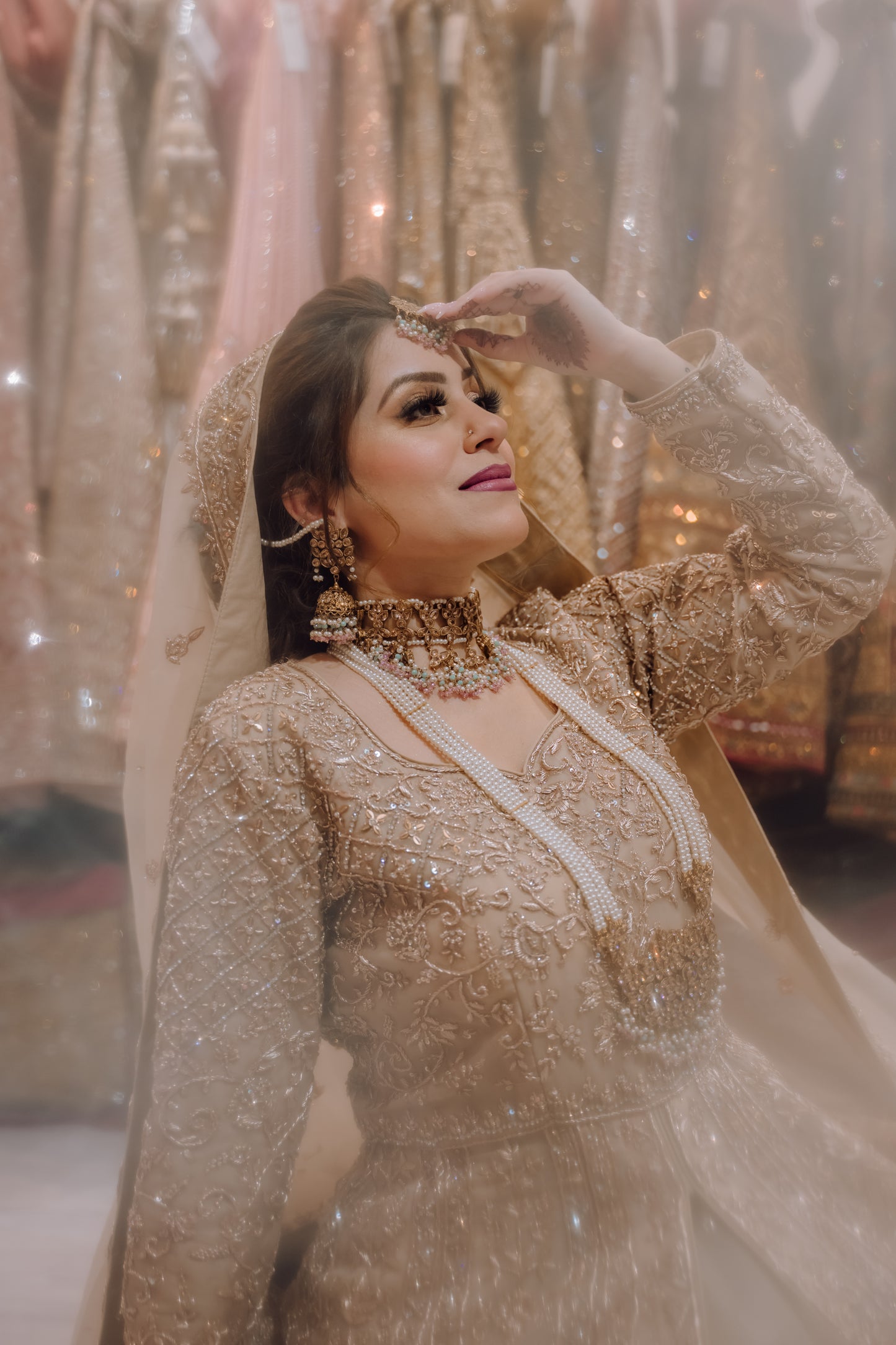 Beige / Gold Bridal Gown with Lehenga
