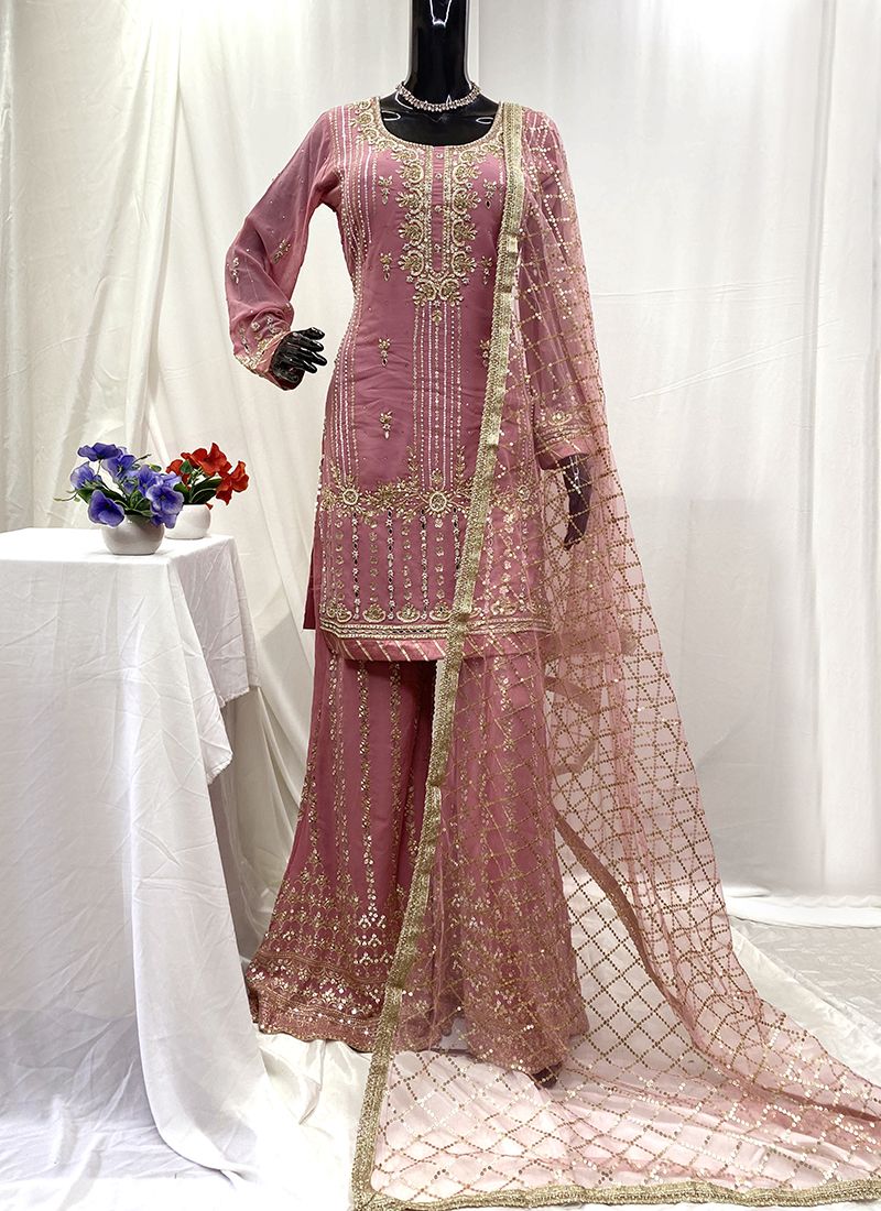Pink – Heavy Georgette Embroidery and Handwork  Sharara Suit