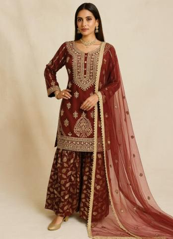 Red – Heavy Raw Silk Embroidery and Handwork Gharara
