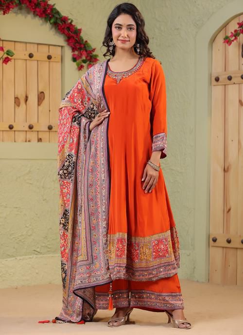 Orange Muslin Royale – Wedding Wear Plazzo Suit with Mirror Dupatta