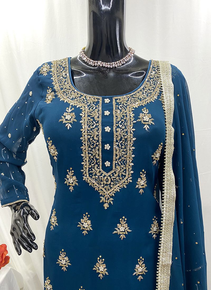 Teal Blue Elegance – Heavy Georgette Embroidery and Handwork  Sharara Suit