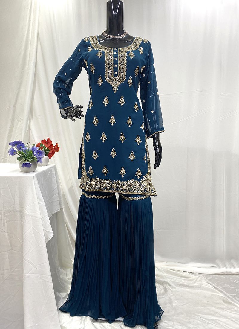 Teal Blue Elegance – Heavy Georgette Embroidery and Handwork  Sharara Suit