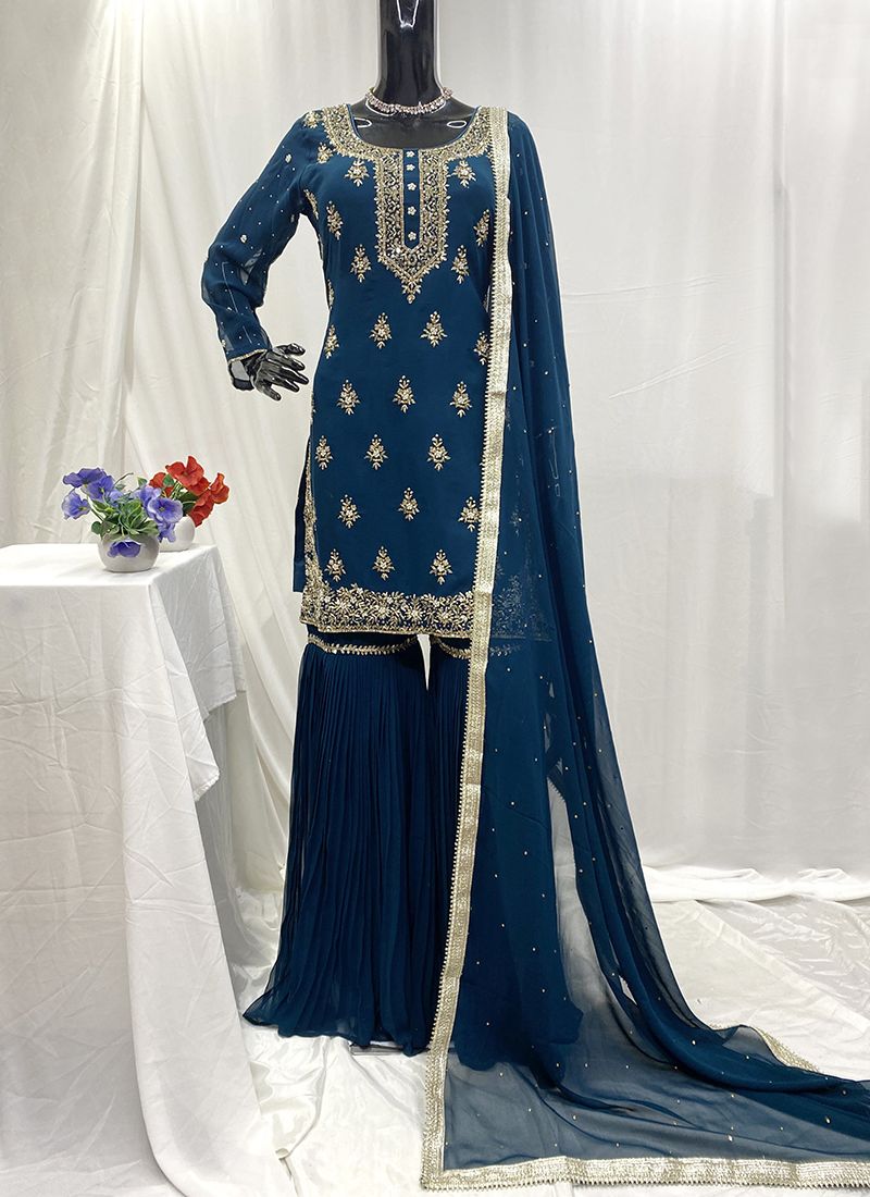 Teal Blue Elegance – Heavy Georgette Embroidery and Handwork  Sharara Suit