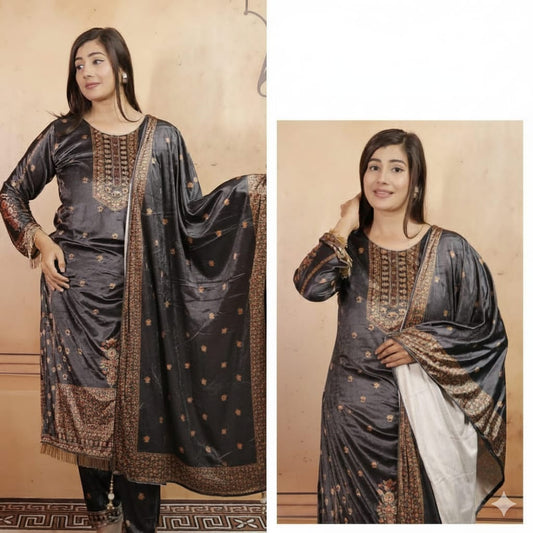 Micro Velvet Festive 3-Piece Suit – Grey Printed