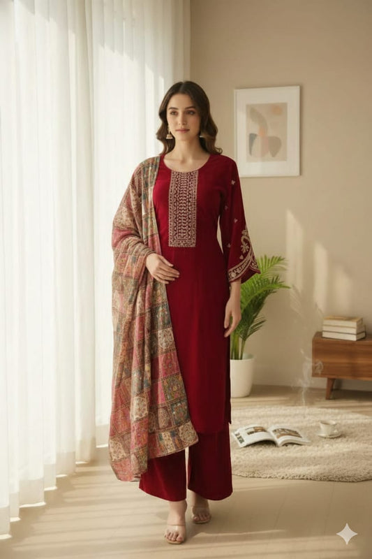 Velvet Festive 3-Piece Suit – Red- Multi colour dupatta