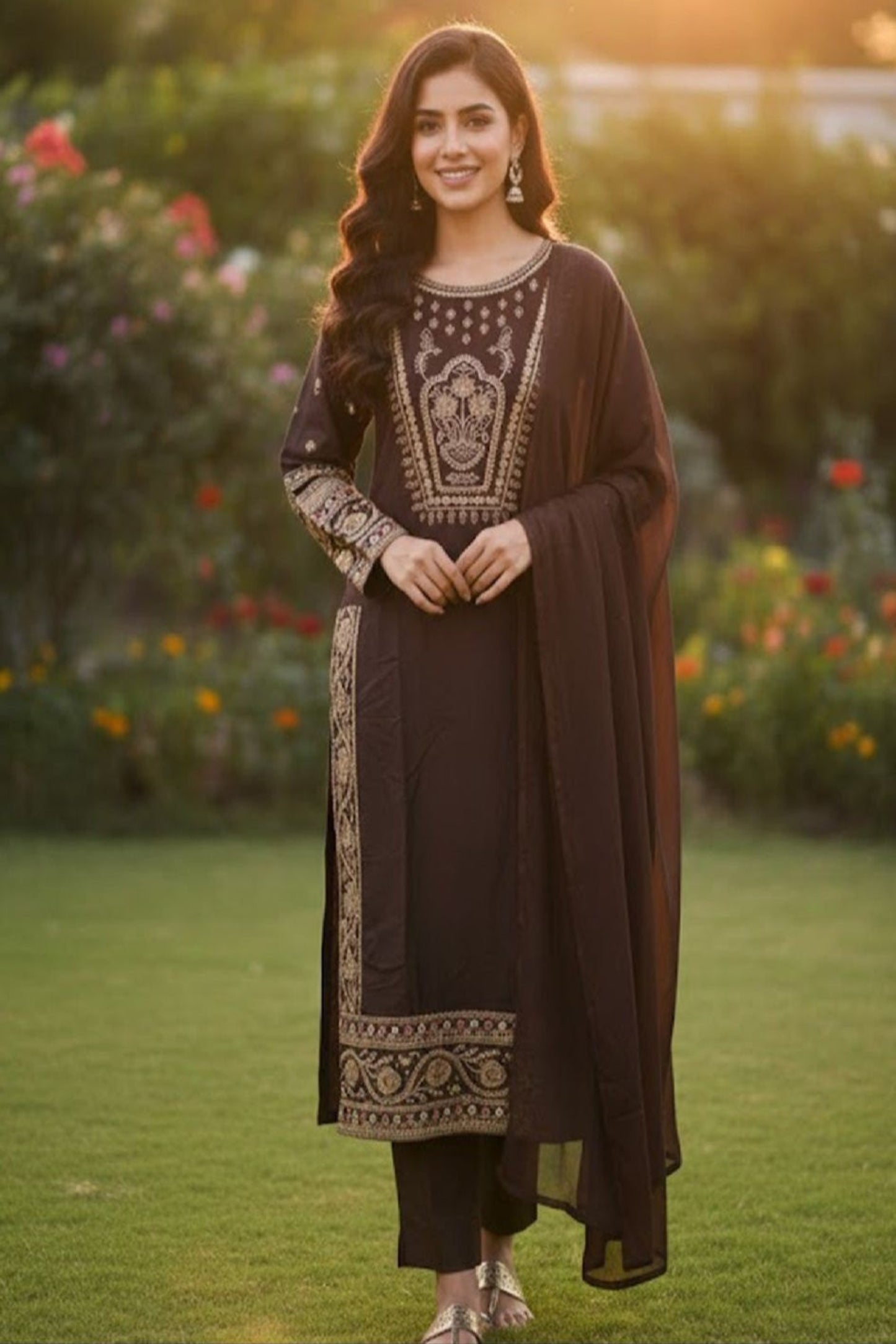 Premium Linen Embroidered 3-Piece Set - 361- Brown