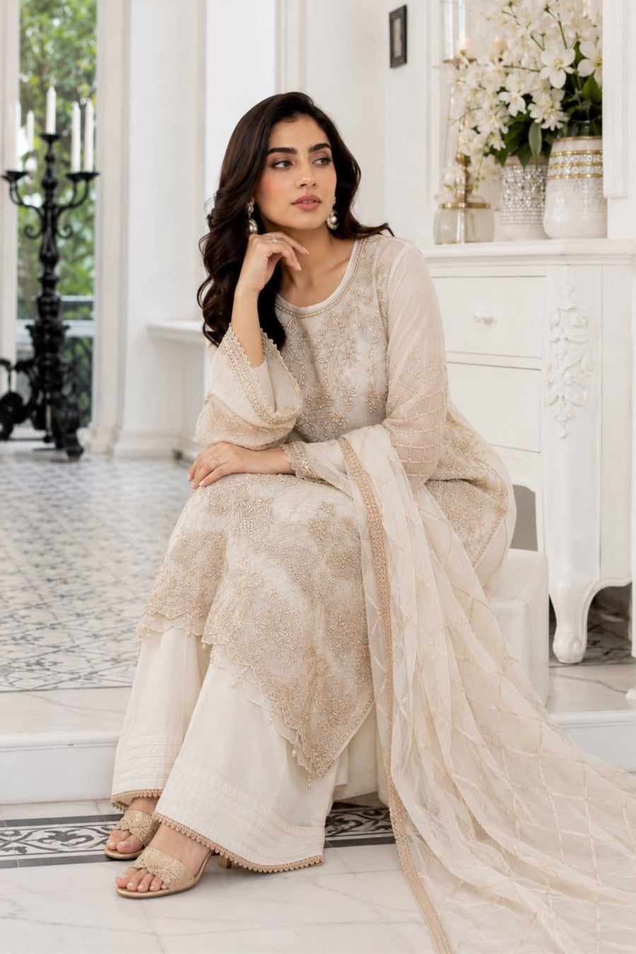 Luxury Embroidered Chiffon Collection- off white