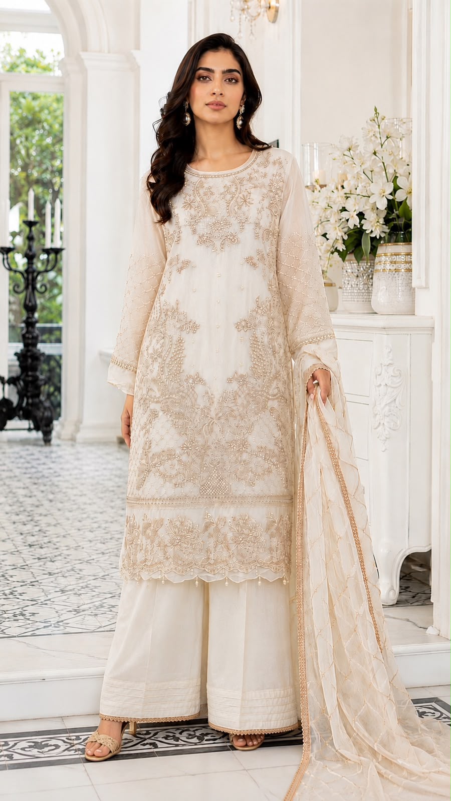 Luxury Embroidered Chiffon Collection- off white