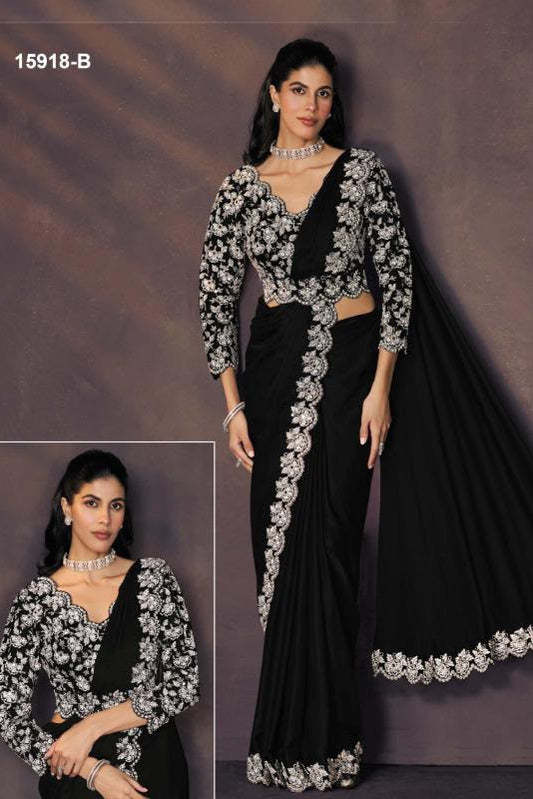 Black Satin Pre-Stitched Saree with Belt – Elegant & Easy to Wear