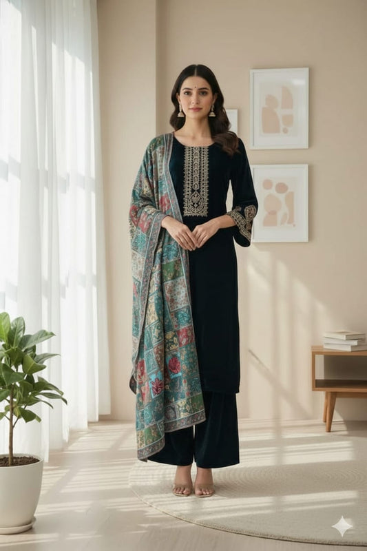 Velvet Festive 3-Piece Suit – Teal blue- Multi colour dupatta