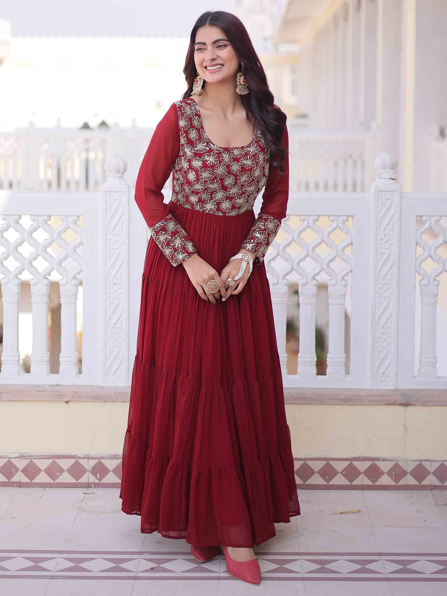 Maroon Zari Georgette Festival Wear Gown With Dupatta