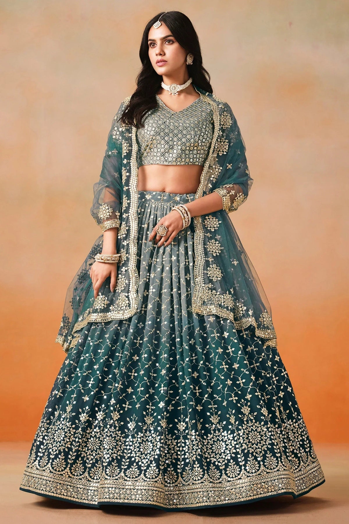 Teal blue Georgette Sequins Work Lehenga Choli