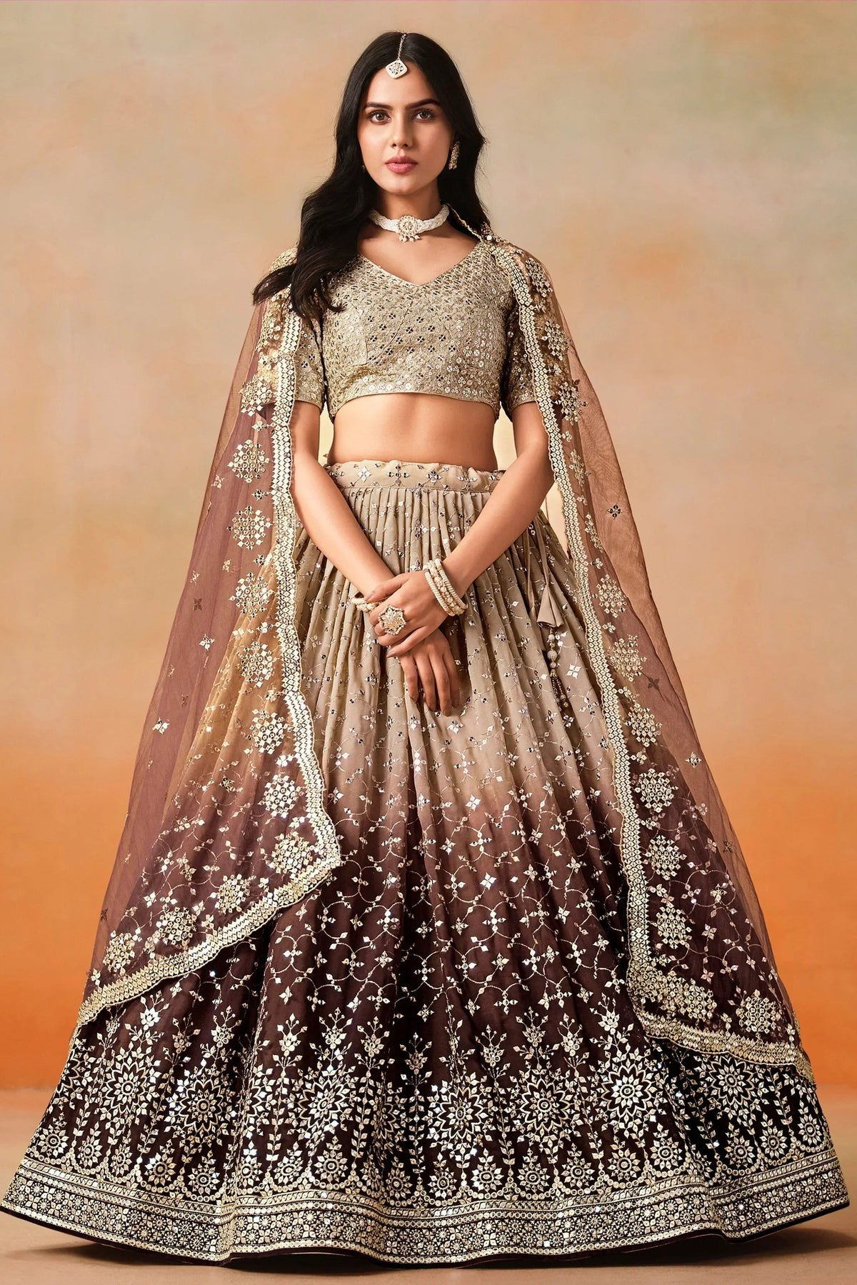 Brown Georgette Sequins Work Lehenga Choli