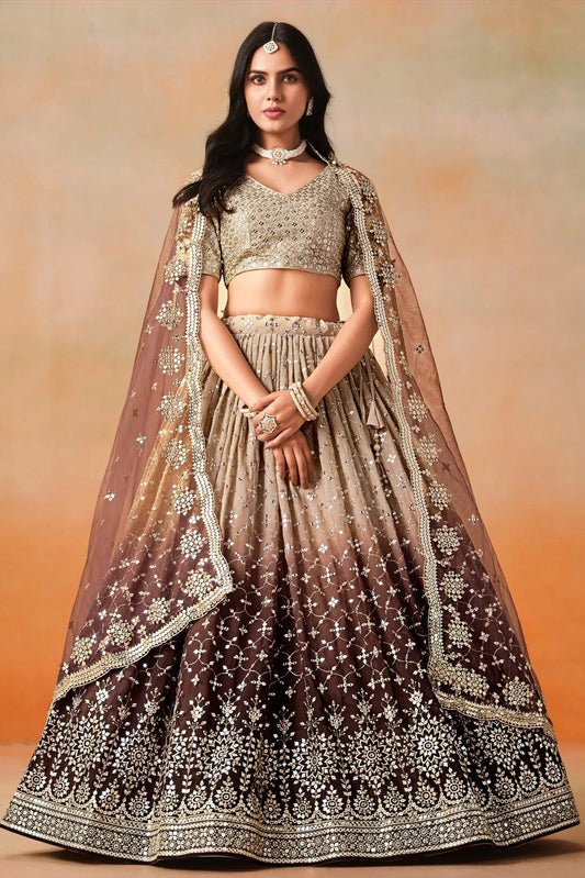 Brown Georgette Sequins Work Lehenga Choli
