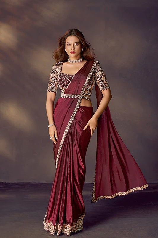 Maroon Satin Pre-Stitched Saree with Belt – Elegant & Easy to Wear