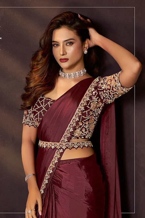 Maroon Satin Pre-Stitched Saree with Belt – Elegant & Easy to Wear