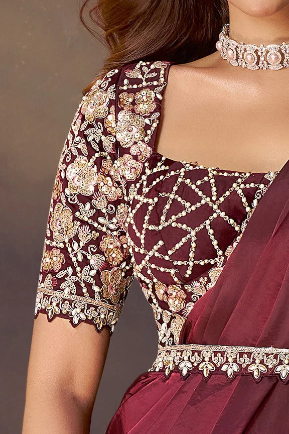 Maroon Satin Pre-Stitched Saree with Belt – Elegant & Easy to Wear