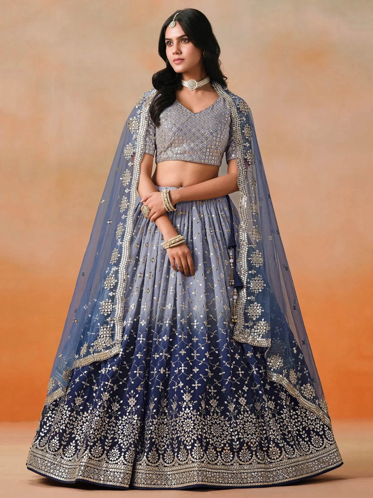 Navy Georgette Sequins Work Lehenga Choli