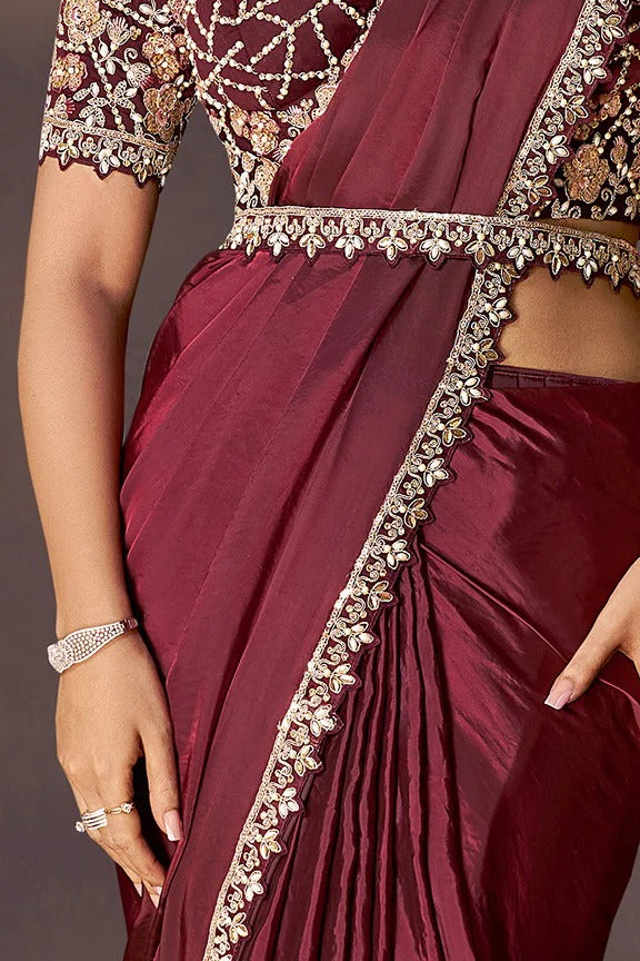 Maroon Satin Pre-Stitched Saree with Belt – Elegant & Easy to Wear