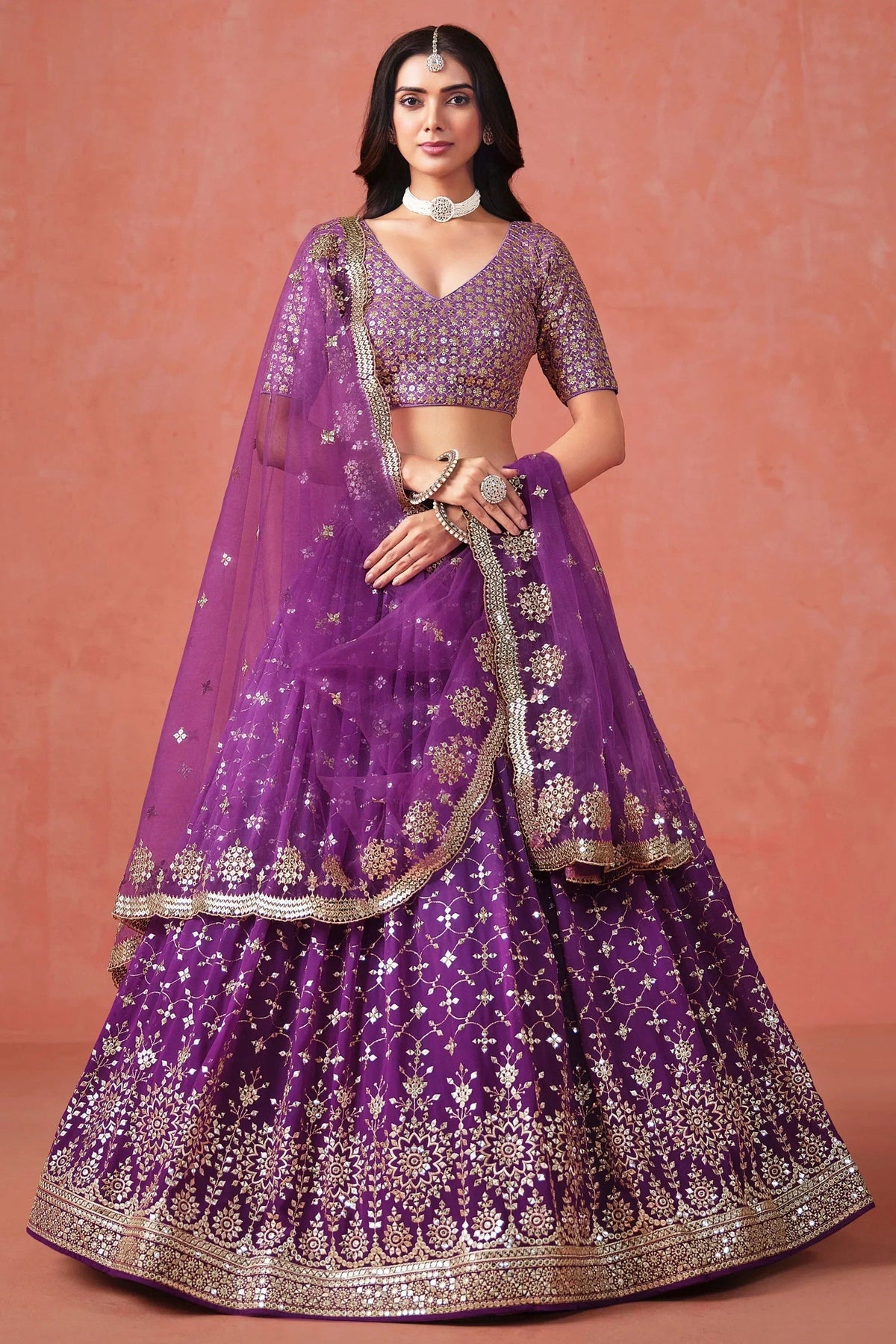 Purple Georgette Sequins Work Lehenga Choli