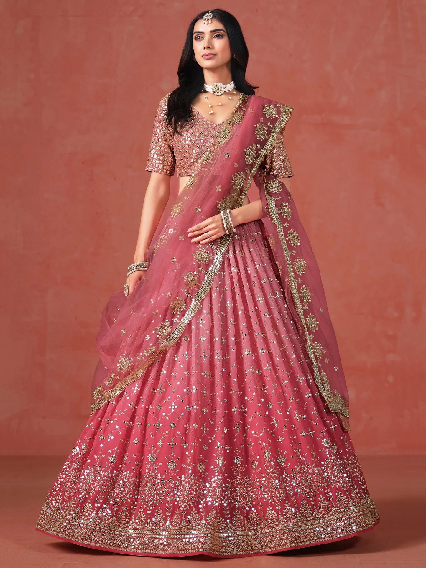 Peach Pink Georgette Sequins Work Lehenga Choli