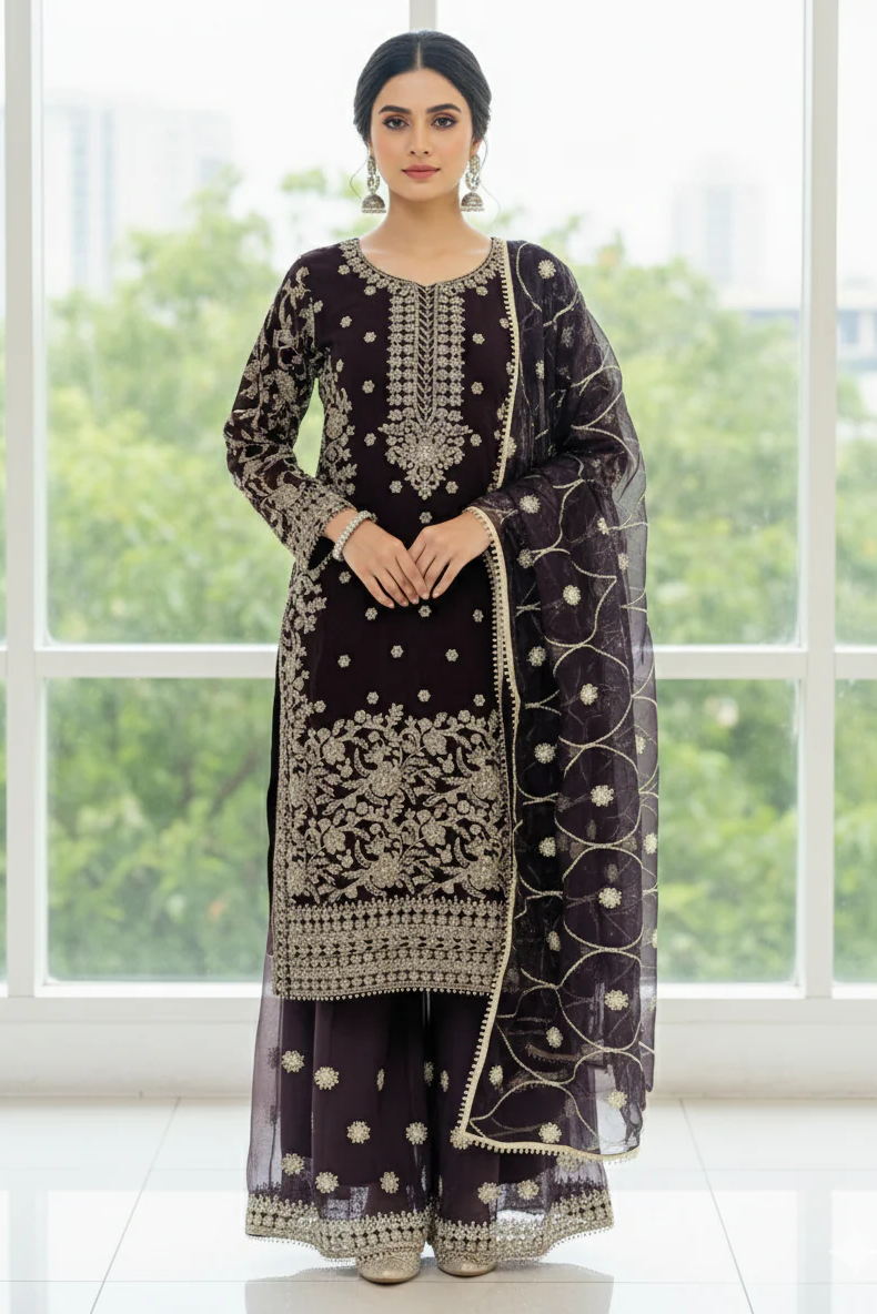 Embroidered Chiffon 3-Piece Suit- 1906- Purple