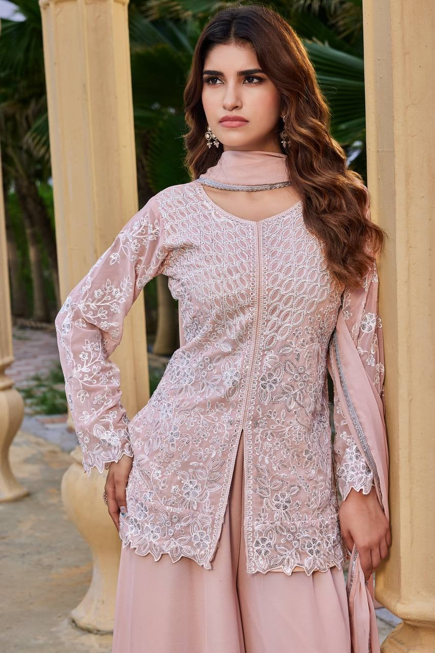 Peach Embroidered Kurta Sharara with Dupatta Set