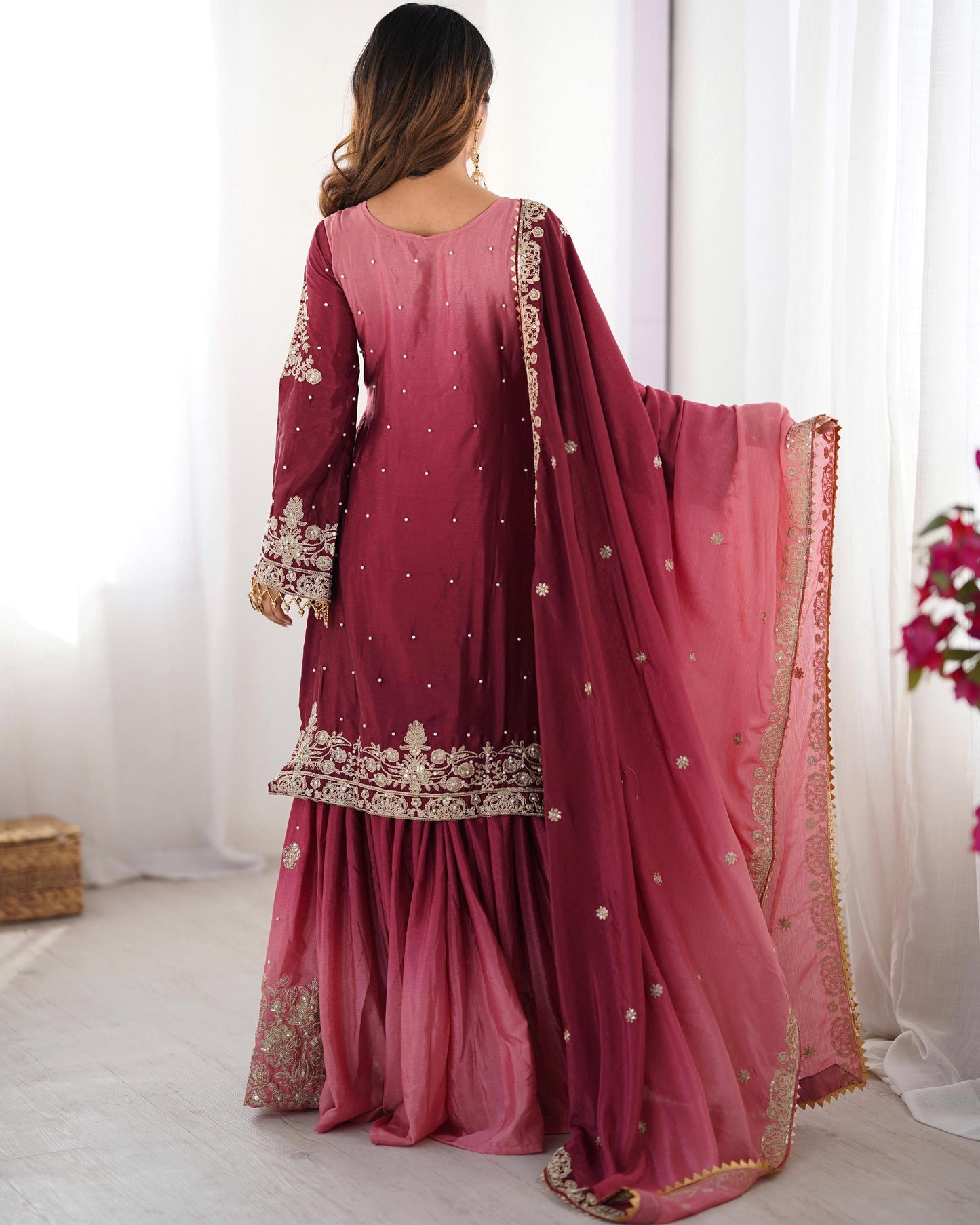 Maroon Chinon Sharara Suit