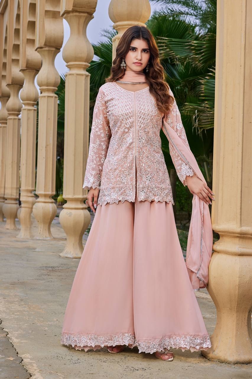 Peach Embroidered Kurta Sharara with Dupatta Set