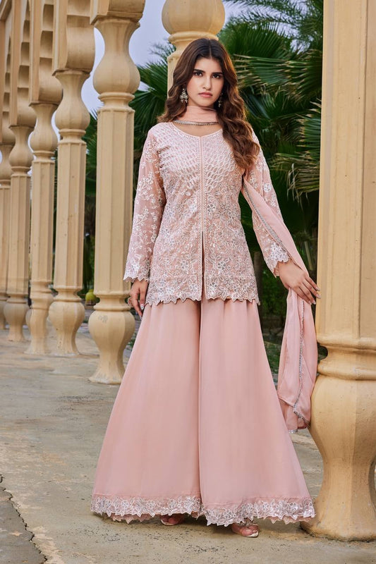 Peach Embroidered Kurta Sharara with Dupatta Set