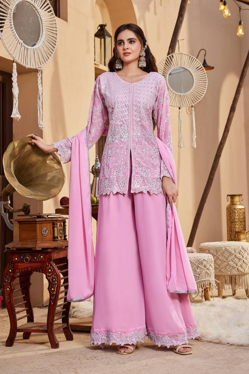 Pink Embroidered Kurta Sharara with Dupatta Set