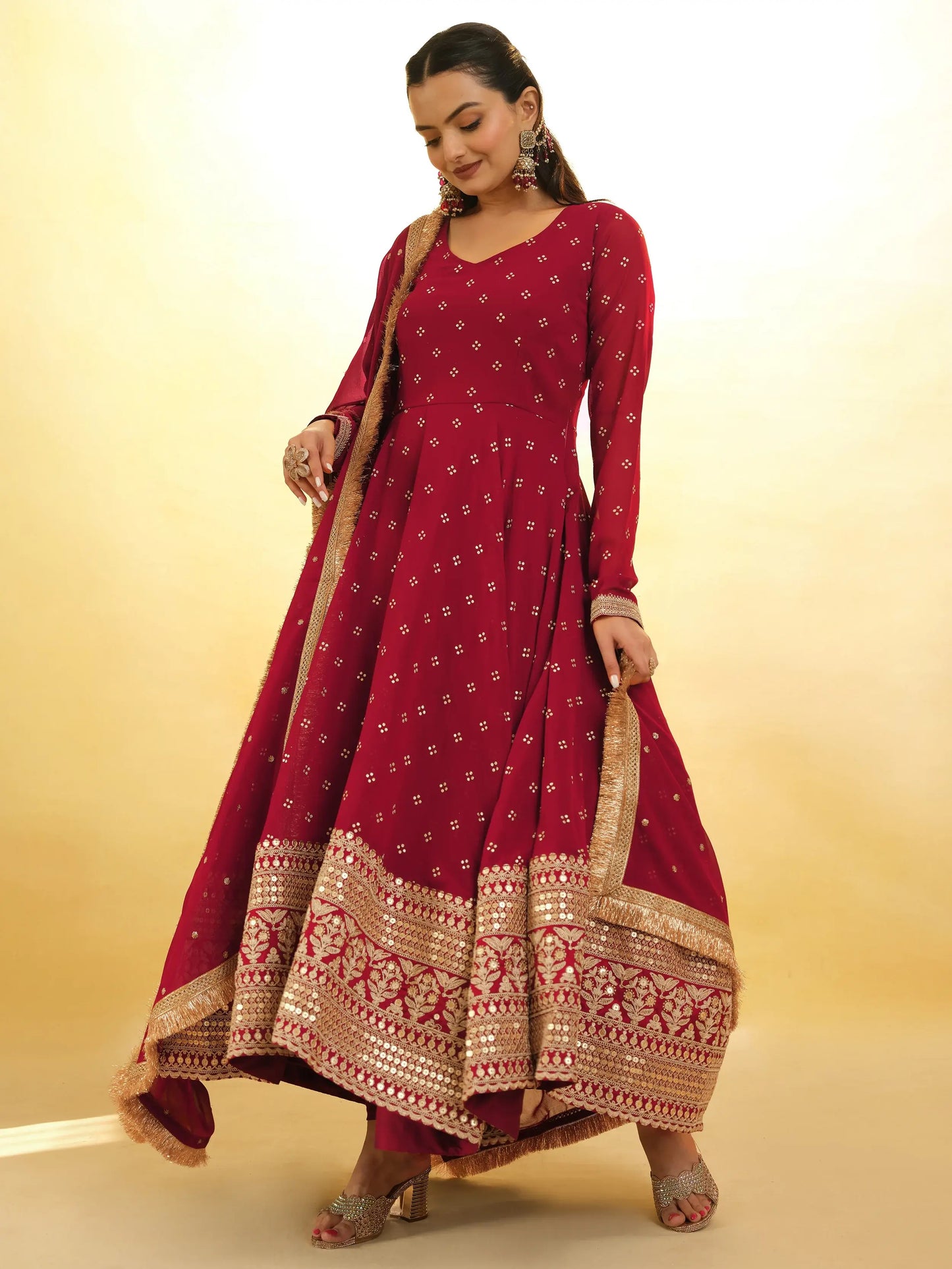 Red Embroidered Georgette Party Wear Anarkali
