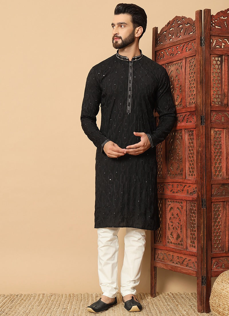 Schwarz Kurta Pajama aus Art Silk – Festliche Herrenmode