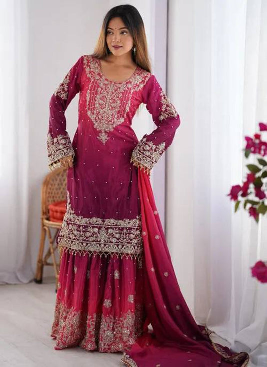 Maroon Chinon Sharara Suit