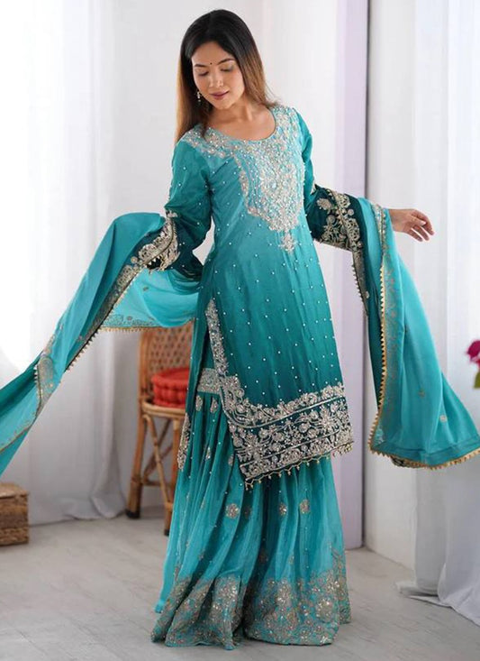 Sky Blue Chinon Sharara Suit