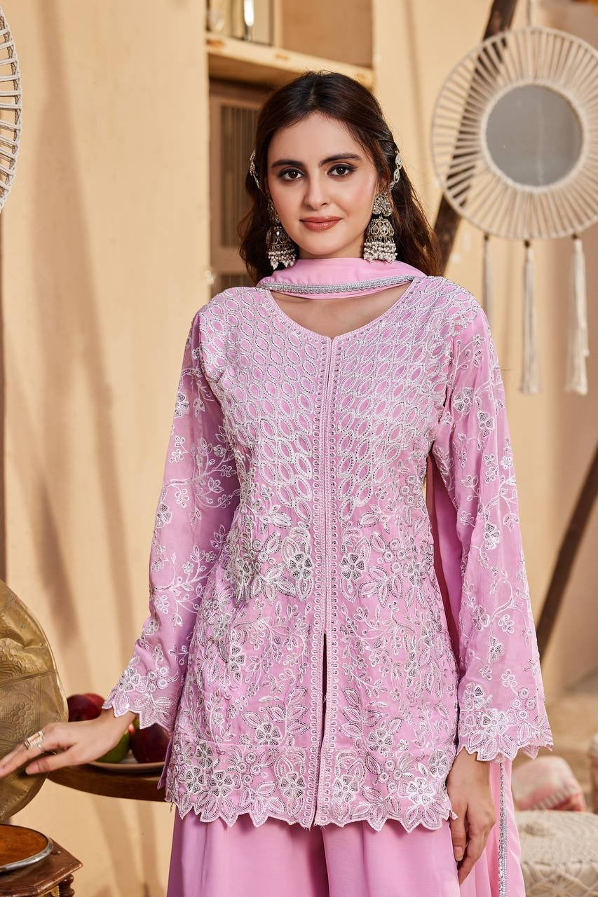 Pink Embroidered Kurta Sharara with Dupatta Set