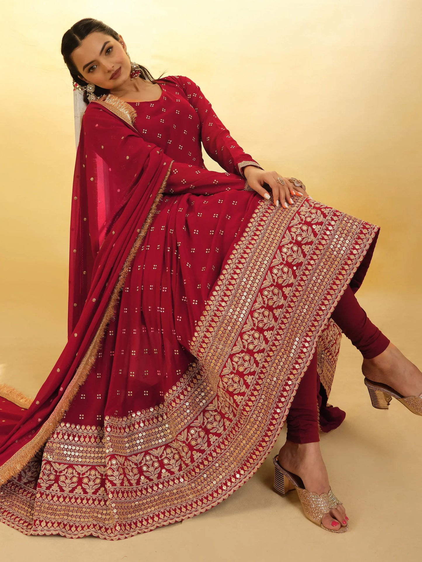 Red Embroidered Georgette Party Wear Anarkali