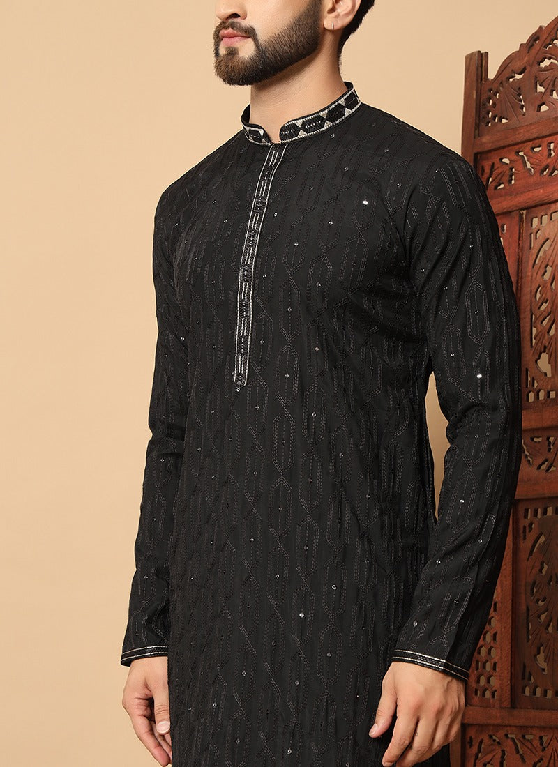 Schwarz Kurta Pajama aus Art Silk – Festliche Herrenmode