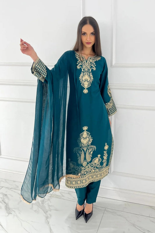 Premium Linen Embroidered 3-Piece Set - 351- Teal