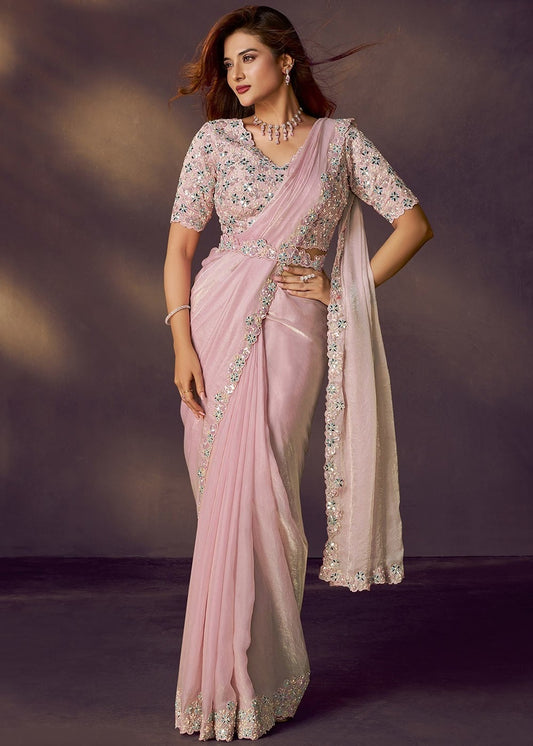 Blush Pink Satin Pre-Stitched Saree with Belt – Elegant & Easy to Wear
