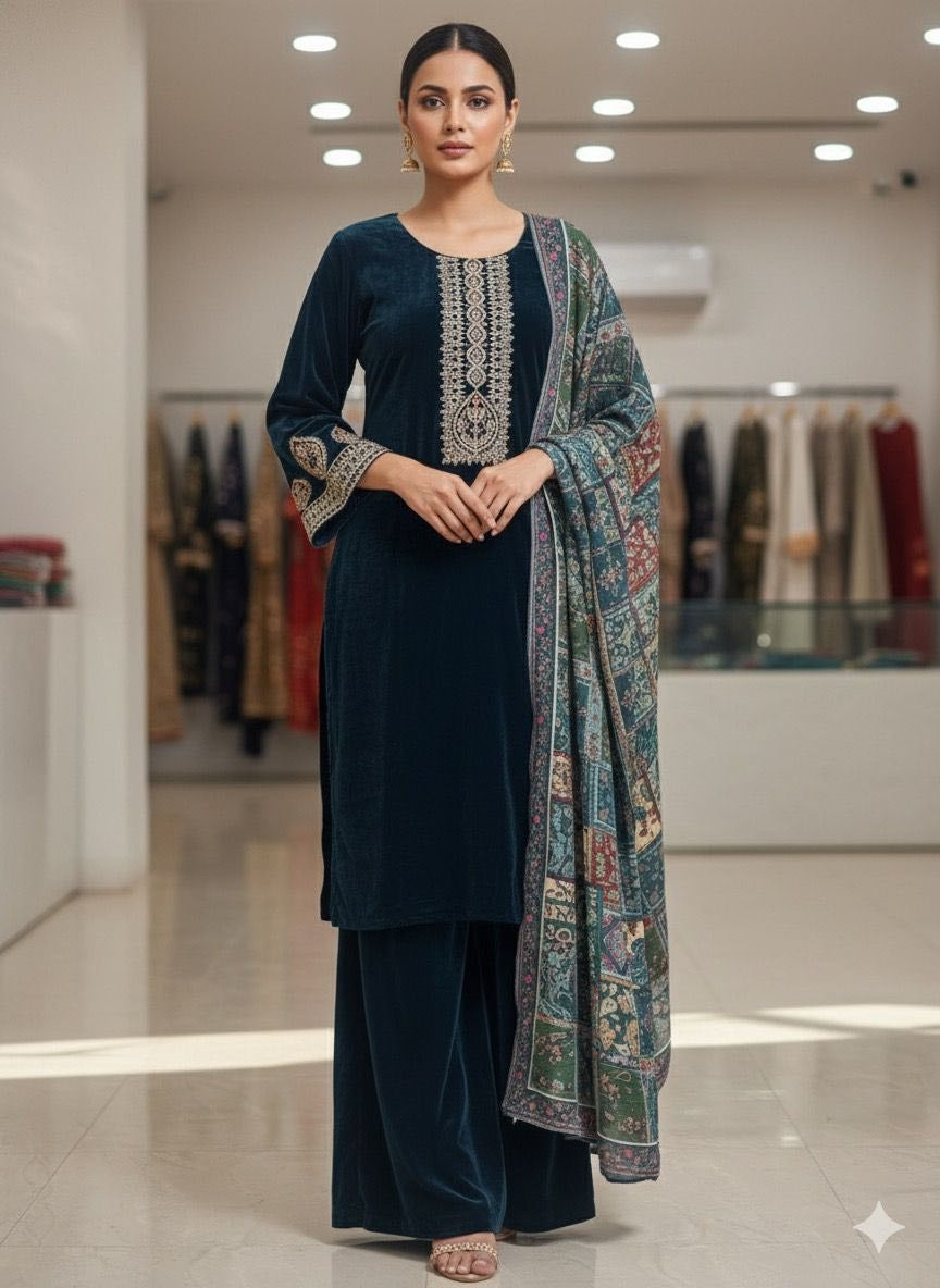 Velvet Festive 3-Piece Suit – Teal blue- Multi colour dupatta