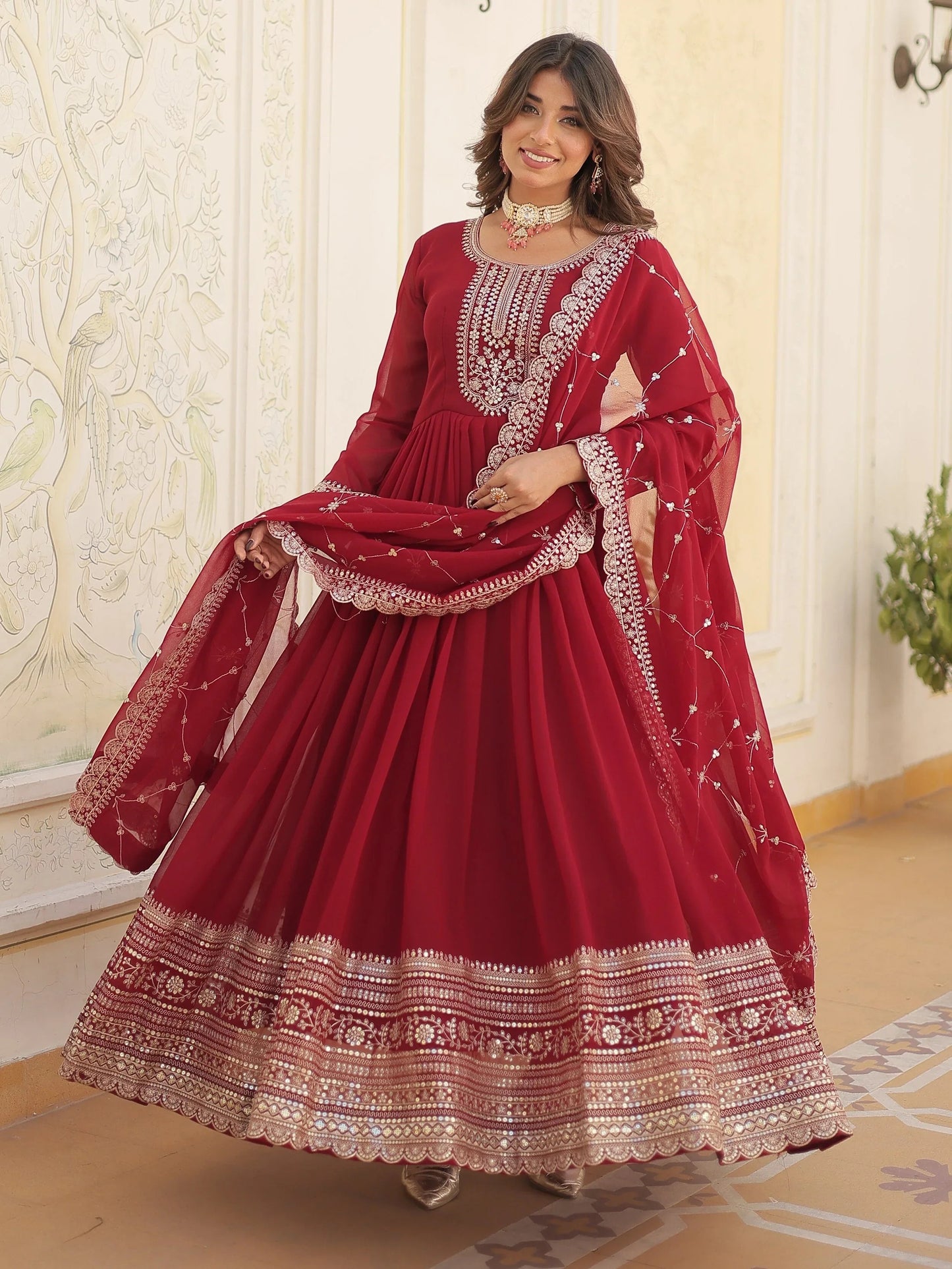 Maroon Sequins Georgette Festival Wear Gown With Dupatta