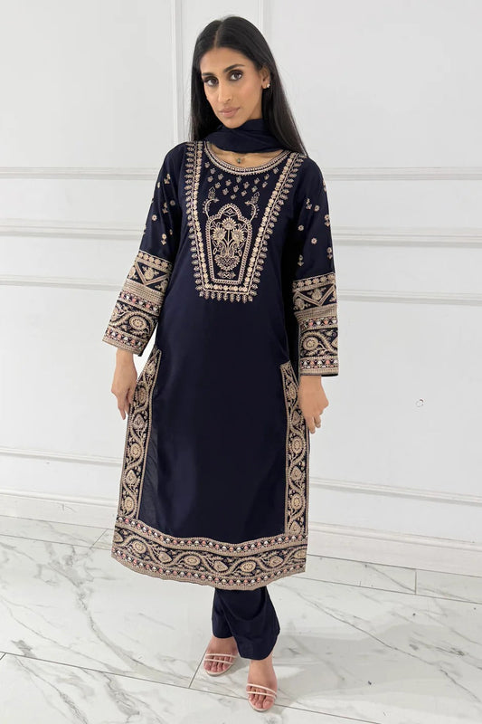 Premium Linen Embroidered 3-Piece Set - 361- Navy