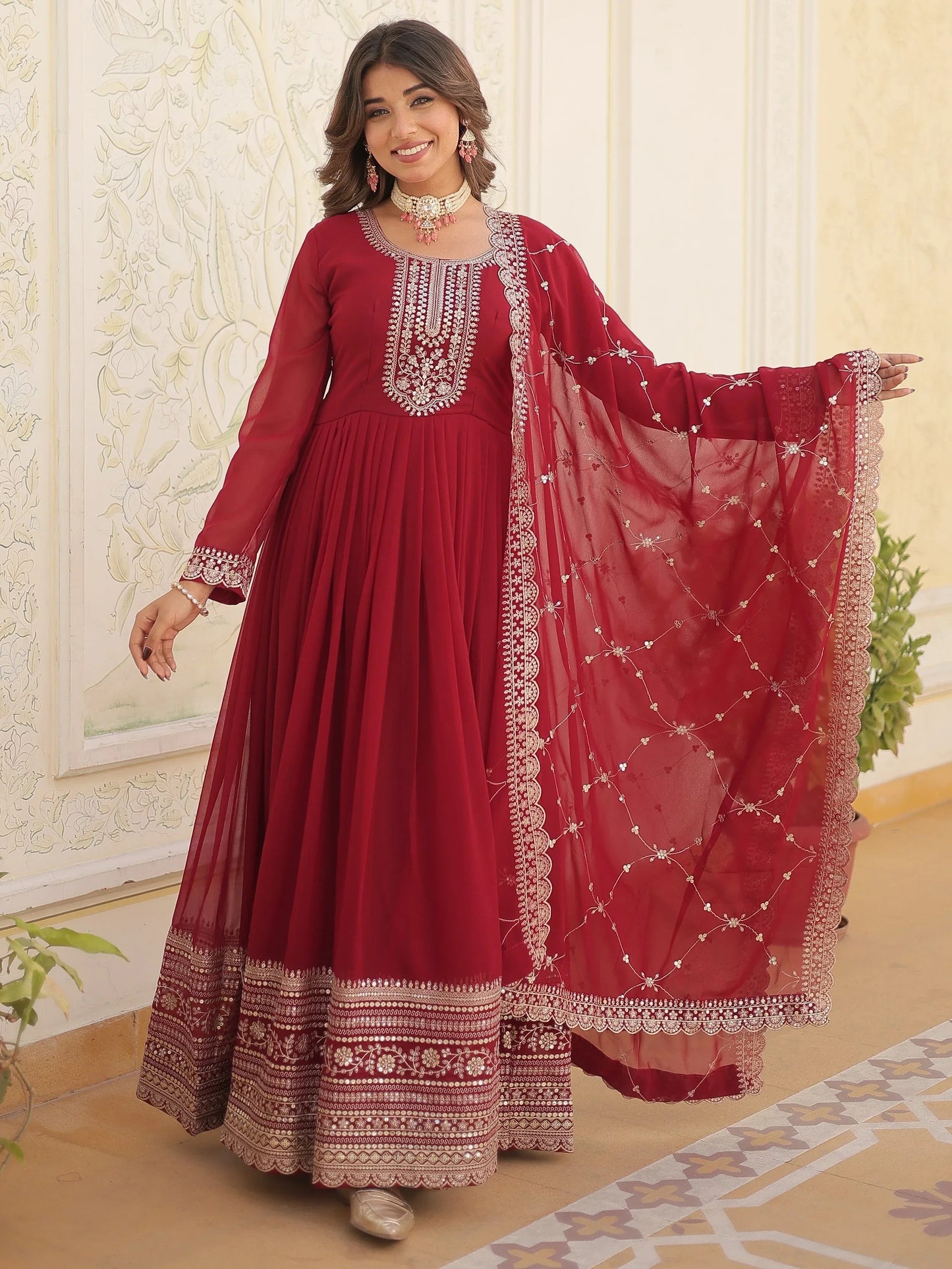 Maroon Sequins Georgette Festival Wear Gown With Dupatta