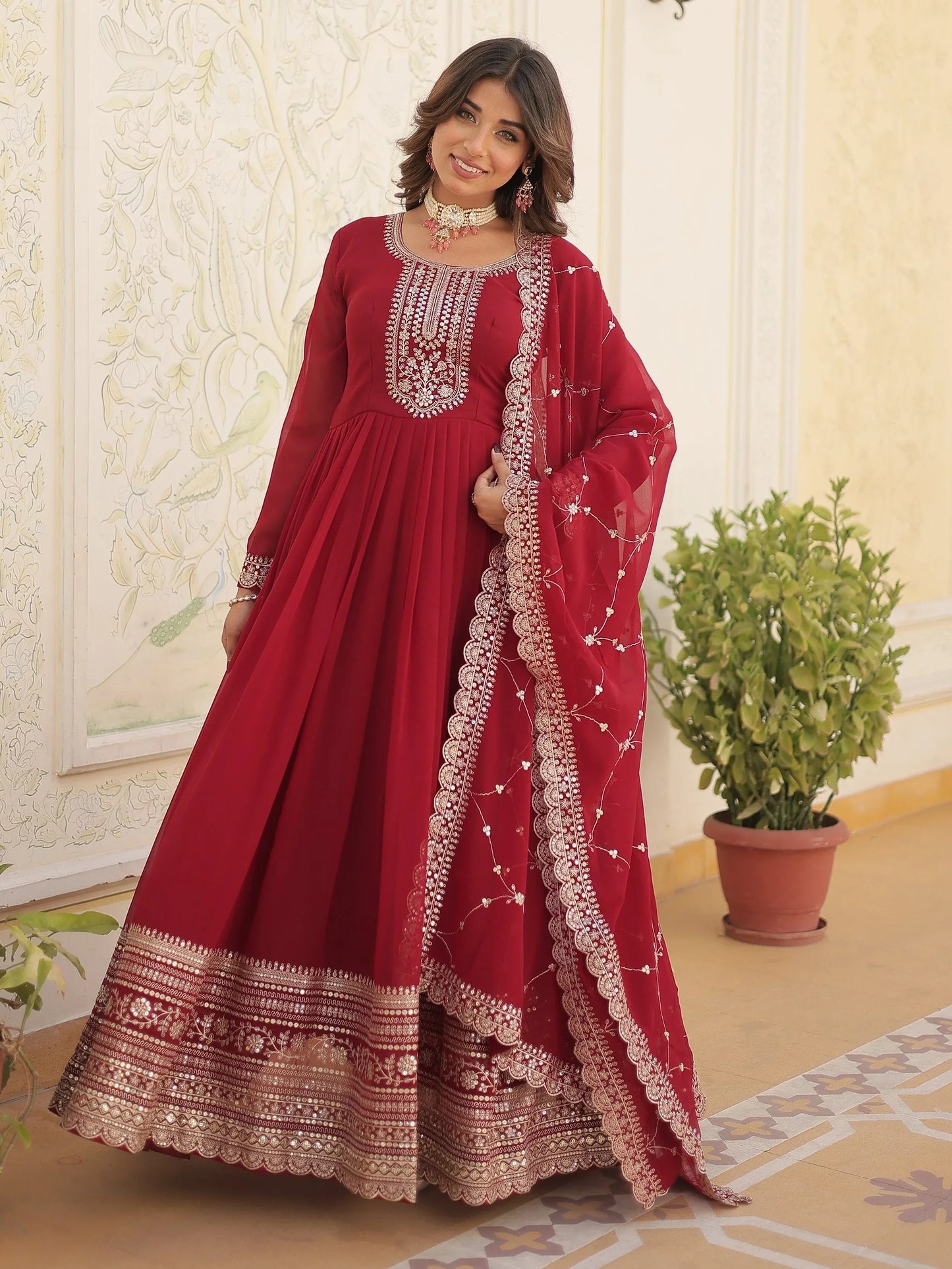 Maroon Sequins Georgette Festival Wear Gown With Dupatta