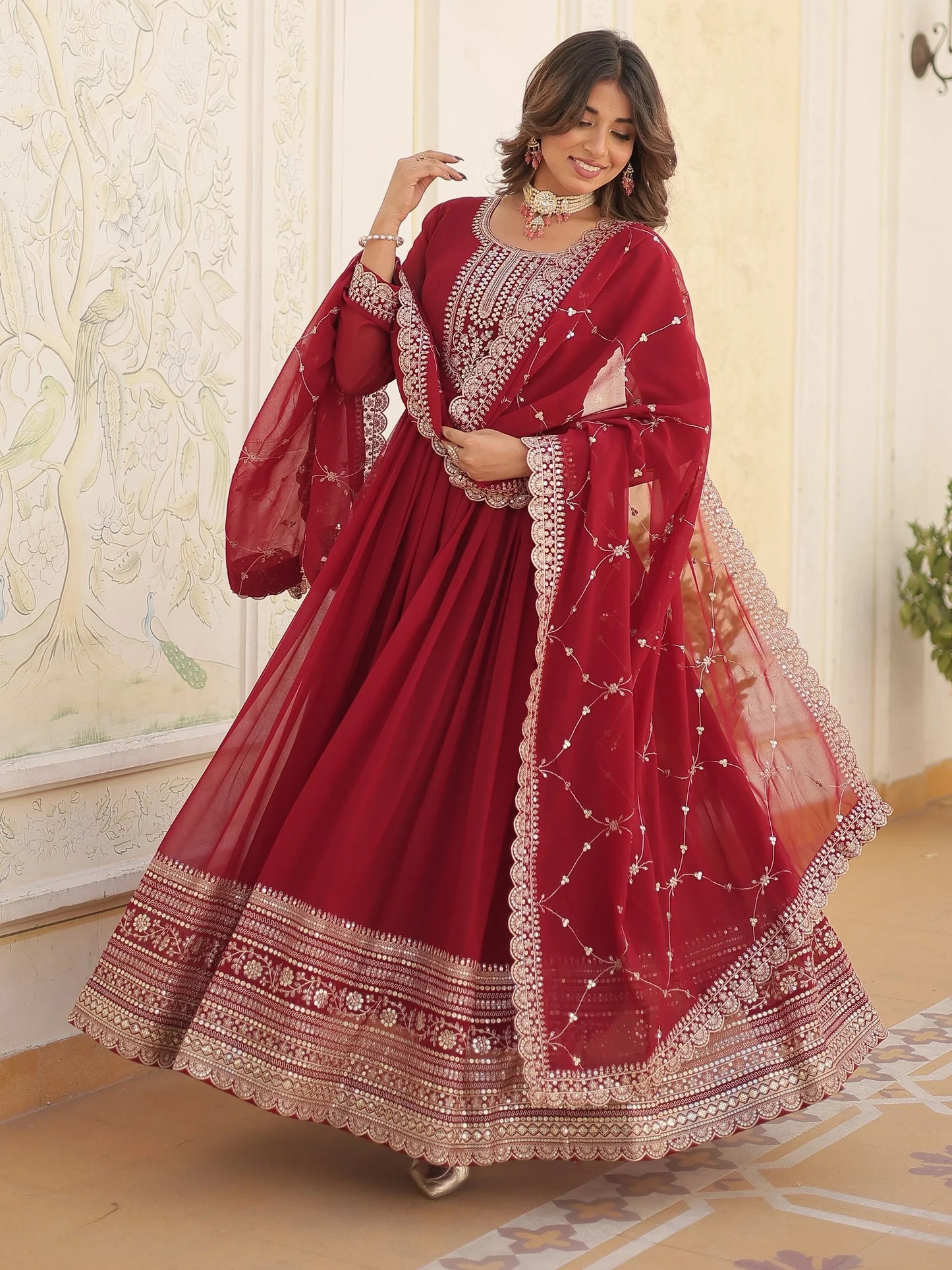 Maroon Sequins Georgette Festival Wear Gown With Dupatta
